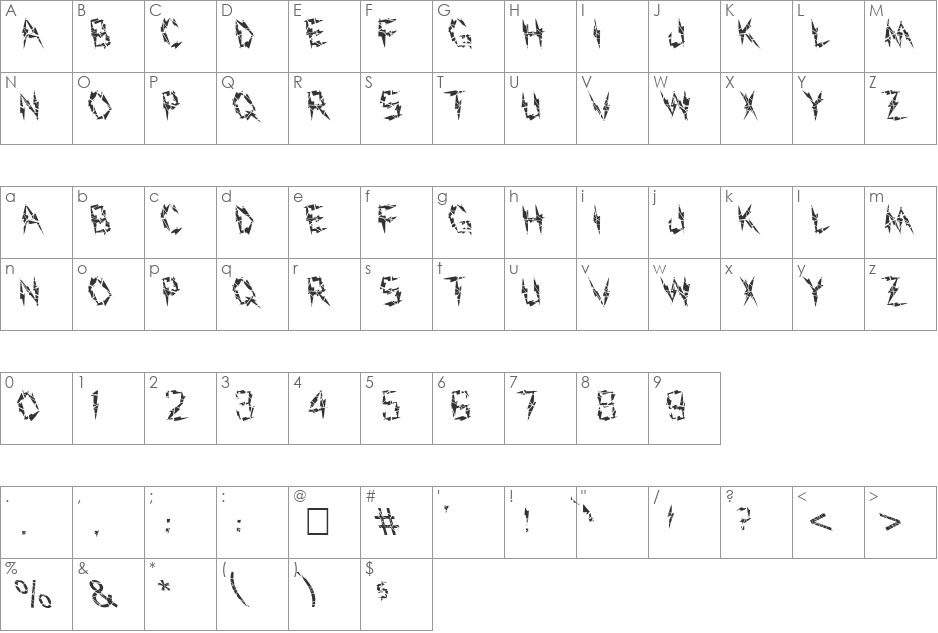 FZ UNIQUE 19 CRACKED LEFTY font character map preview