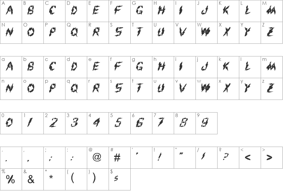FZ UNIQUE 19 MANGLED font character map preview