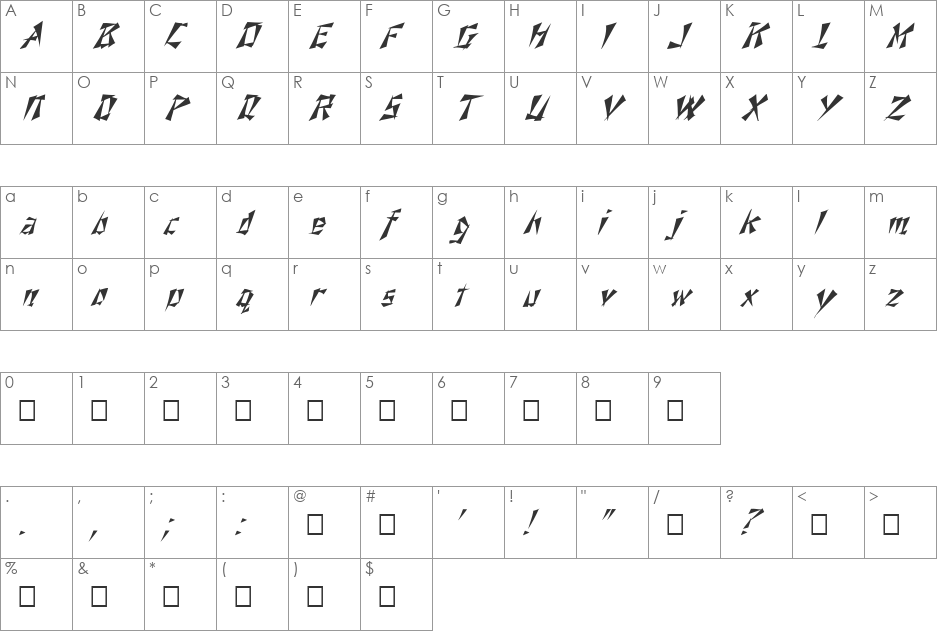 FZ UNIQUE 21 ITALIC font character map preview