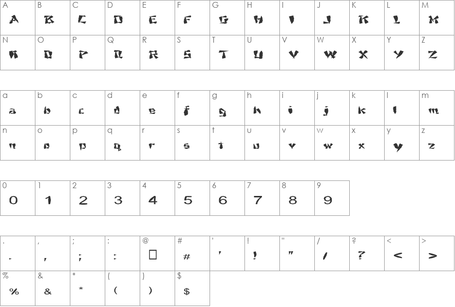 FZ UNIQUE 21 MANGLED EX font character map preview
