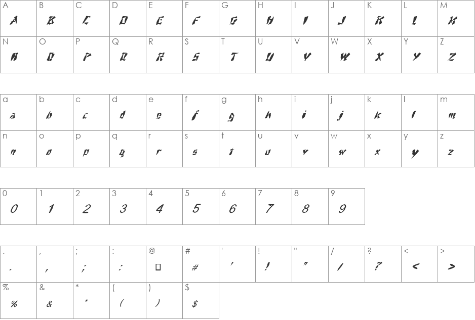FZ UNIQUE 21 MANGLED ITALIC font character map preview