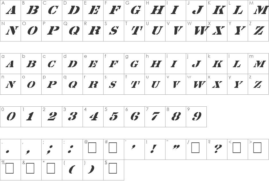 FZ UNIQUE 25 ITALIC font character map preview