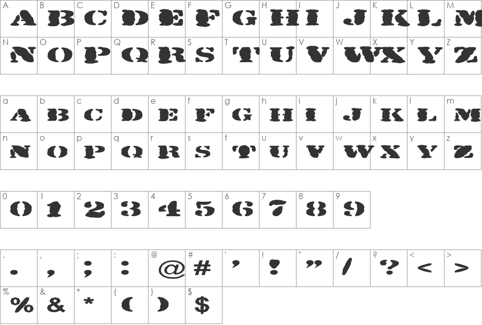 FZ UNIQUE 25 MANGLED EX font character map preview