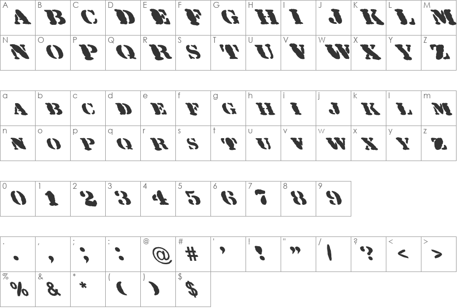 FZ UNIQUE 25 MANGLED LEFTY font character map preview
