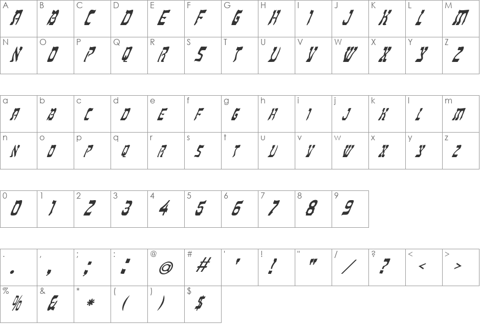 FZ UNIQUE 27 ITALIC font character map preview
