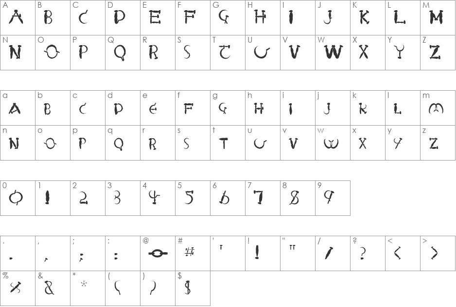 FZ UNIQUE 28 MANGLED font character map preview
