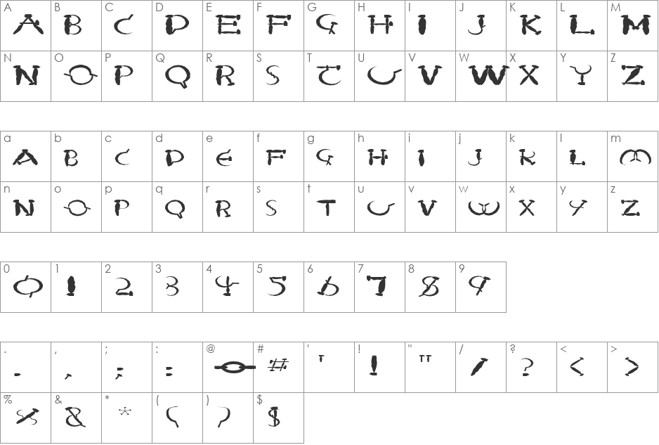 FZ UNIQUE 28 MANGLED EX font character map preview