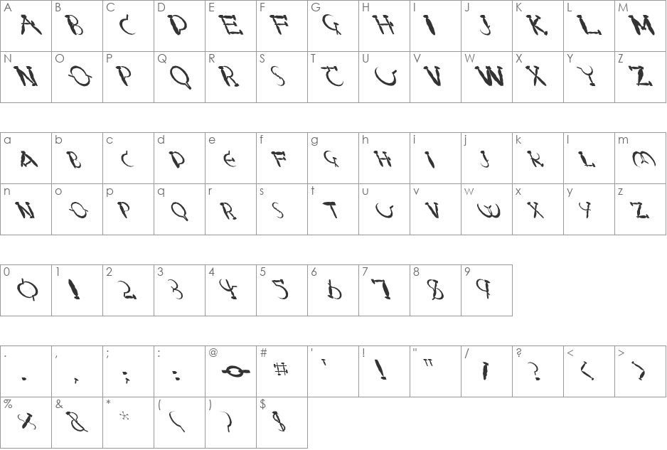 FZ UNIQUE 28 MANGLED LEFTY font character map preview