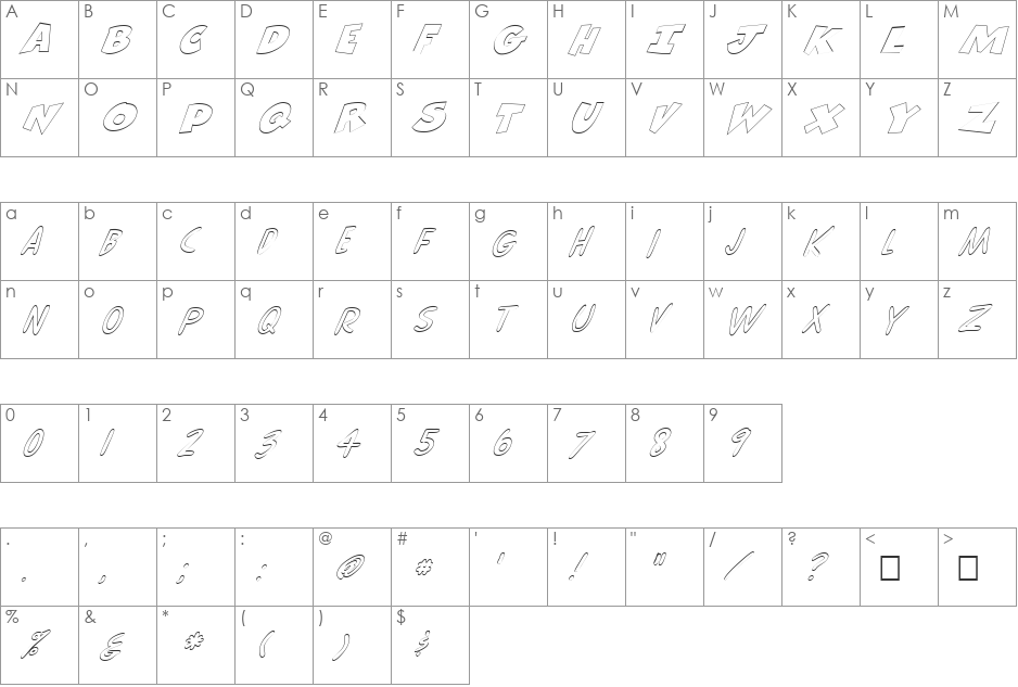 FZ UNIQUE 30 HOLLOW ITALIC font character map preview