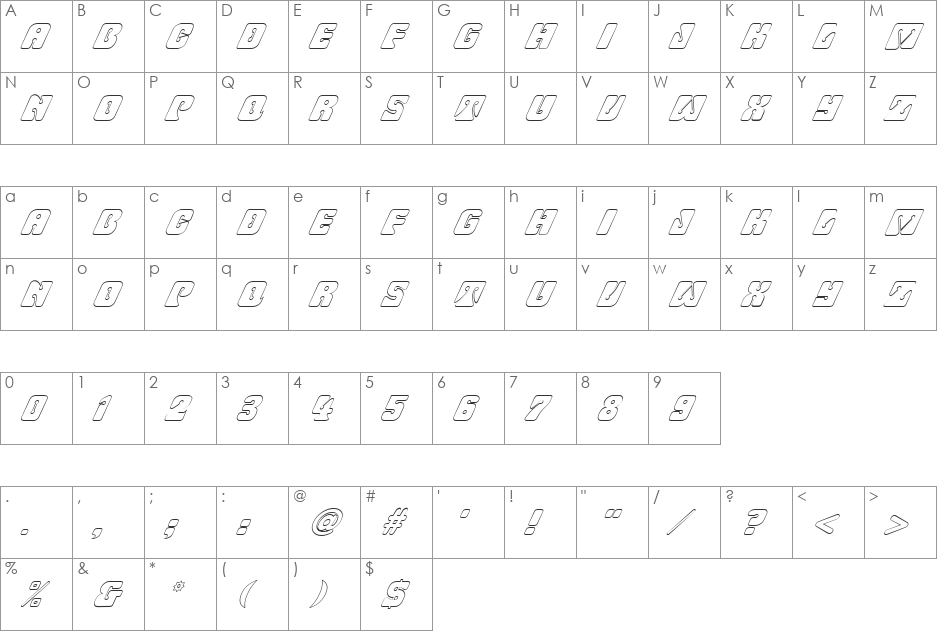 FZ UNIQUE 32 HOLLOW ITALIC font character map preview