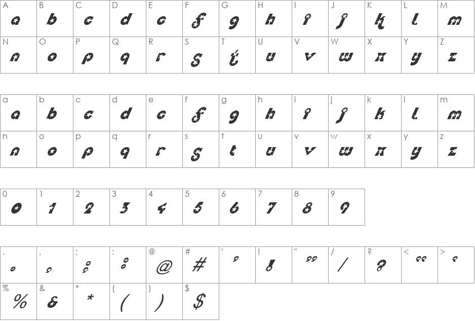 FZ UNIQUE 34 ITALIC font character map preview