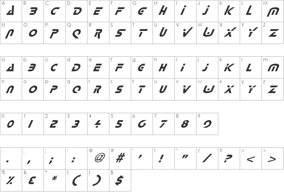 FZ UNIQUE 35 ITALIC font character map preview