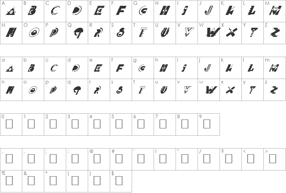 FZ UNIQUE 36 ITALIC font character map preview