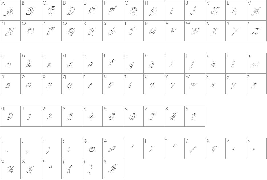 FZ UNIQUE 38 HOLLOW ITALIC font character map preview