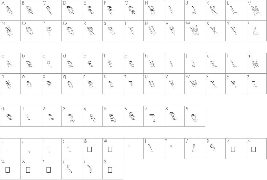 FZ UNIQUE 4 HOLLOW LEFTY font character map preview