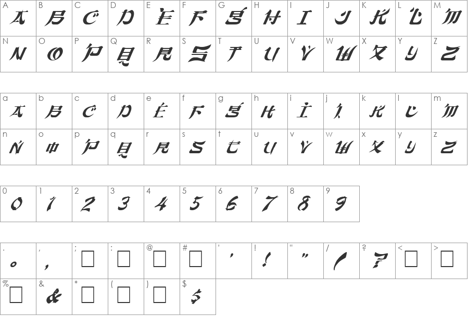 FZ UNIQUE 46 ITALIC font character map preview