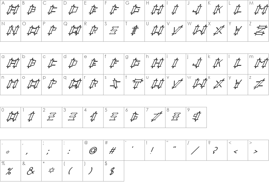 FZ UNIQUE 47 ITALIC font character map preview