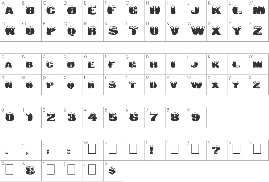 FZ UNIQUE 6 MANGLED EX font character map preview