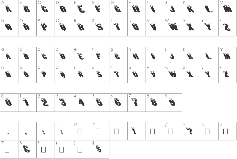 FZ UNIQUE 6 MANGLED LEFTY font character map preview