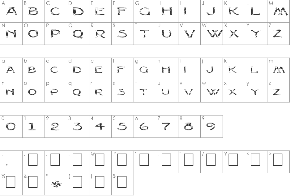 FZ UNIQUE 8 MANGLED EX font character map preview