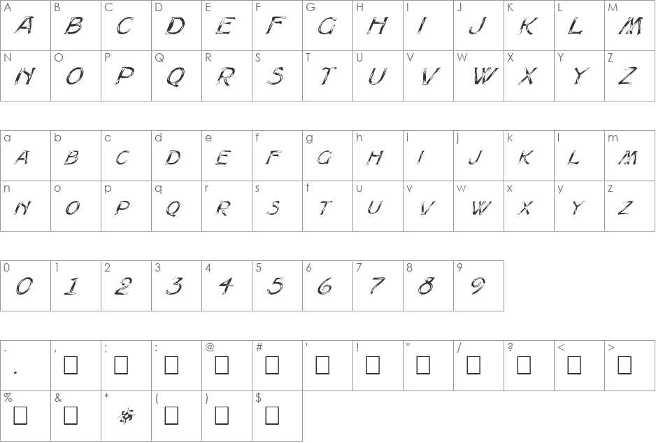 FZ UNIQUE 8 MANGLED ITALIC font character map preview