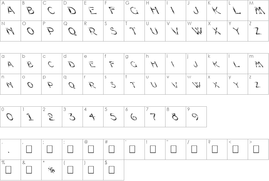 FZ UNIQUE 8 MANGLED LEFTY font character map preview