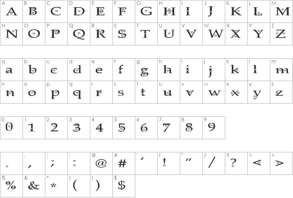 AnniesHearts font character map preview