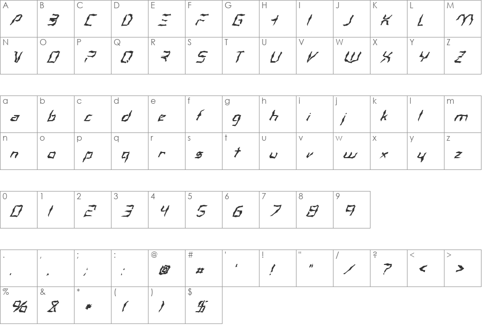 FZ WACKY 38 ITALIC font character map preview