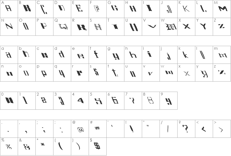 FZ WARPED 16 LEFTY font character map preview