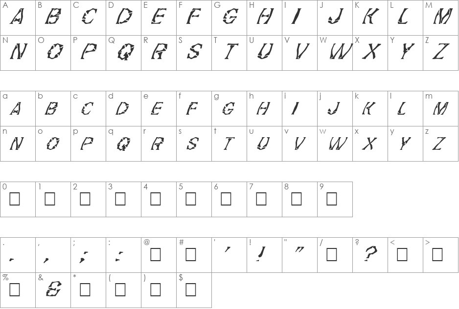 FZ WARPED 21 ITALIC font character map preview