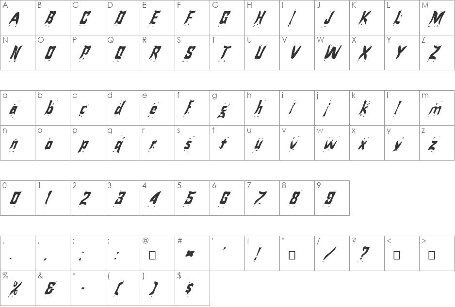 FZ WARPED 24 ITALIC font character map preview