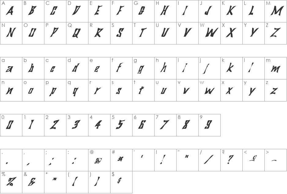 FZ WARPED 29 ITALIC font character map preview