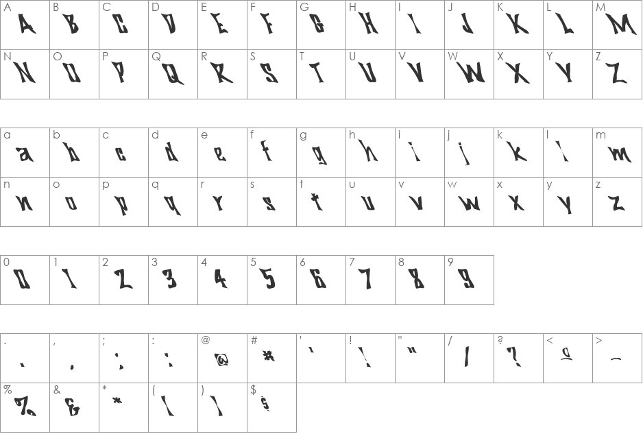 FZ WARPED 29 LEFTY font character map preview