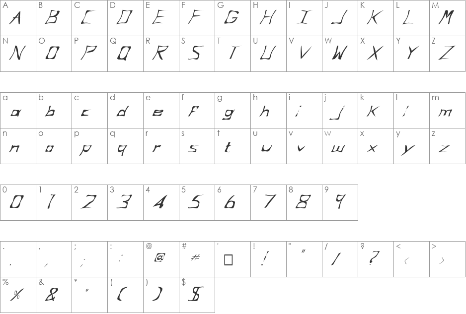 FZ WARPED 34 ITALIC font character map preview