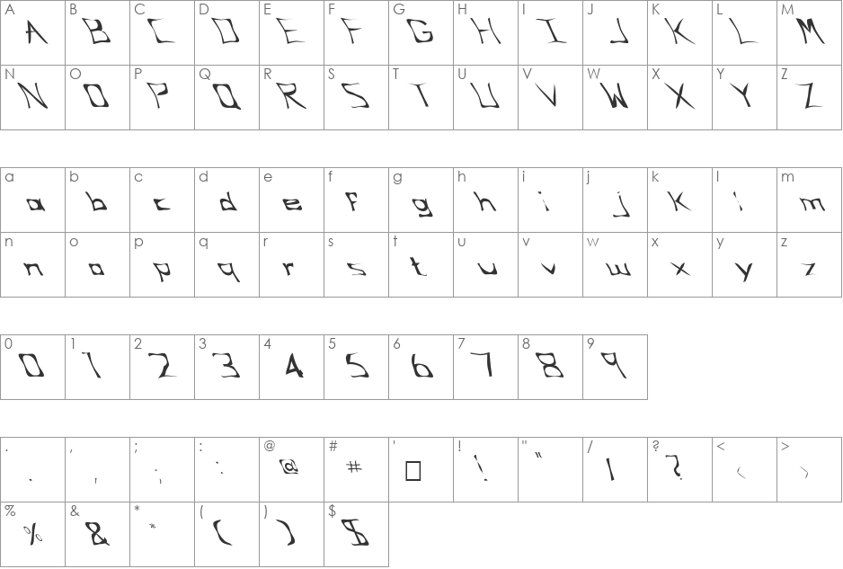 FZ WARPED 34 LEFTY font character map preview