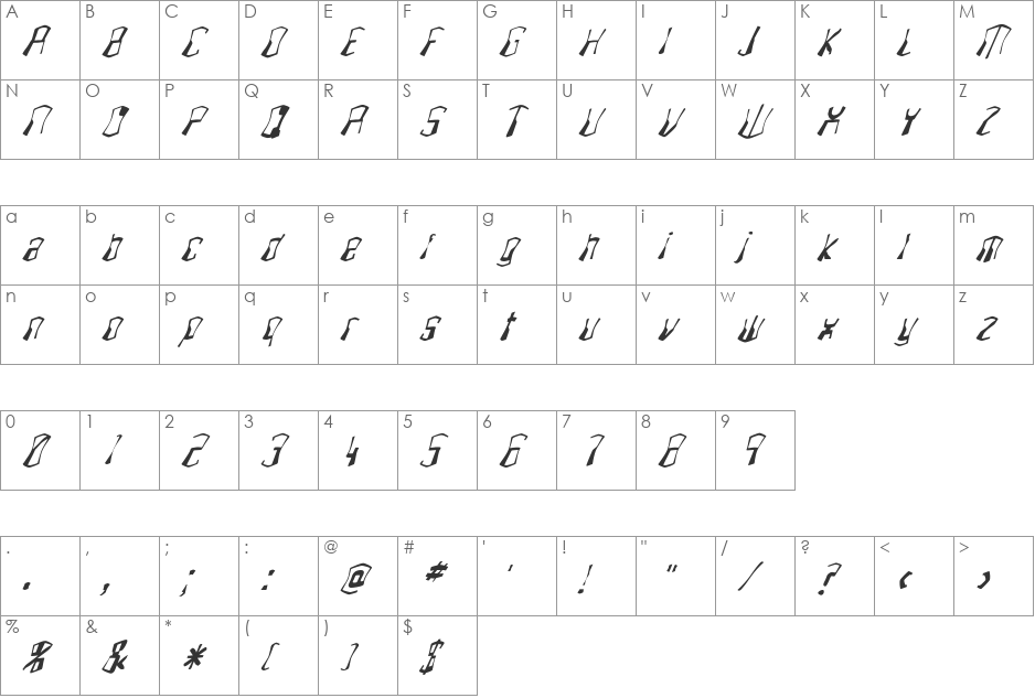 FZ WARPED 4 ITALIC font character map preview
