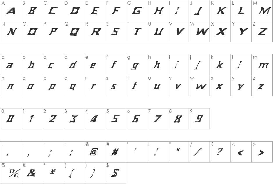 FZ WARPED 40 ITALIC font character map preview