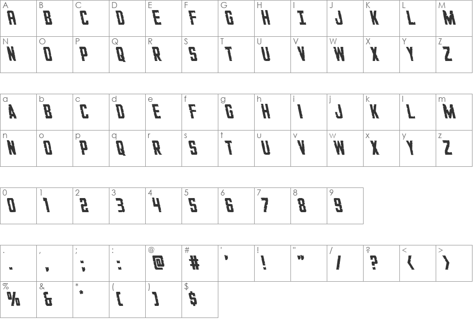 G.I. Incognito Leftalic font character map preview