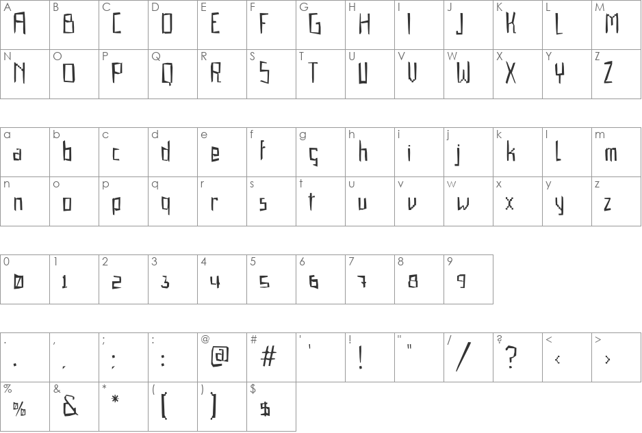 Gabardina font character map preview