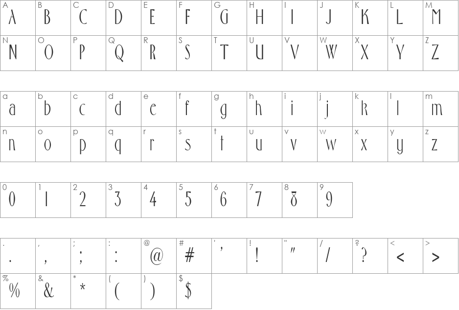 GabrielCondensed font character map preview