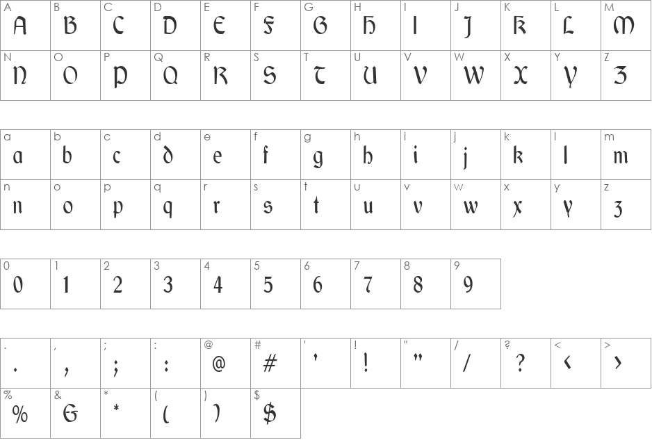 GaelicCondensed font character map preview
