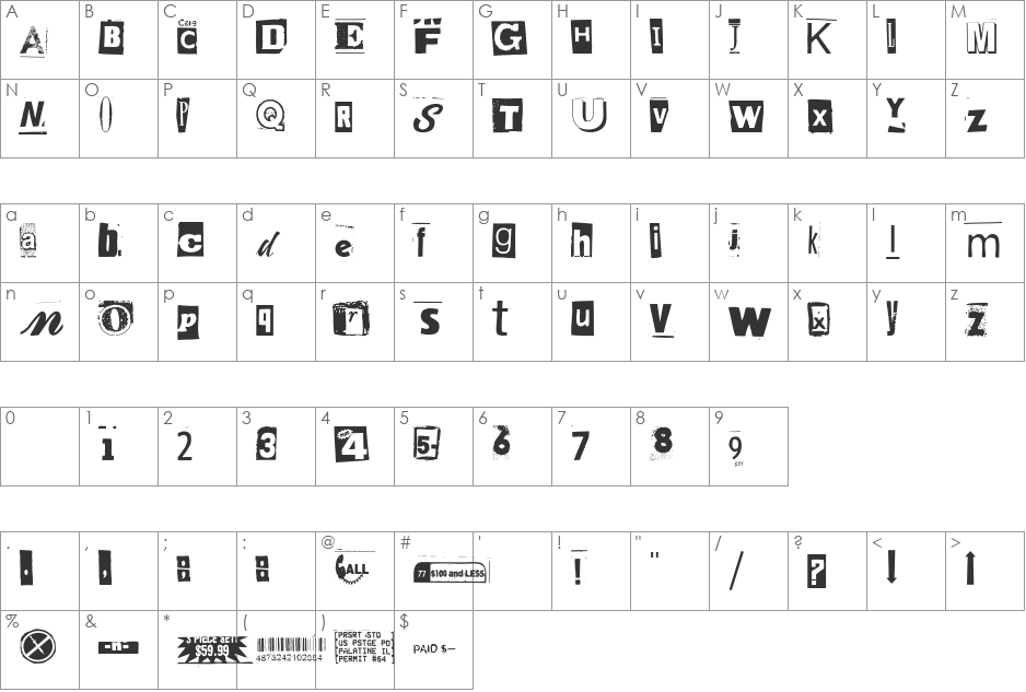 Anonymous Clippings font character map preview