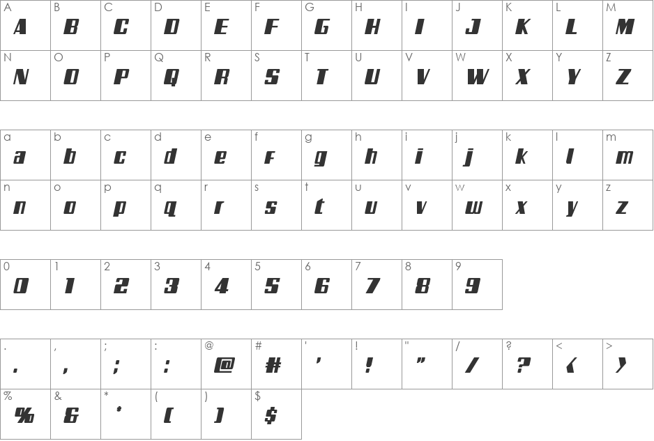 Galactic Storm Condensed Italic font character map preview