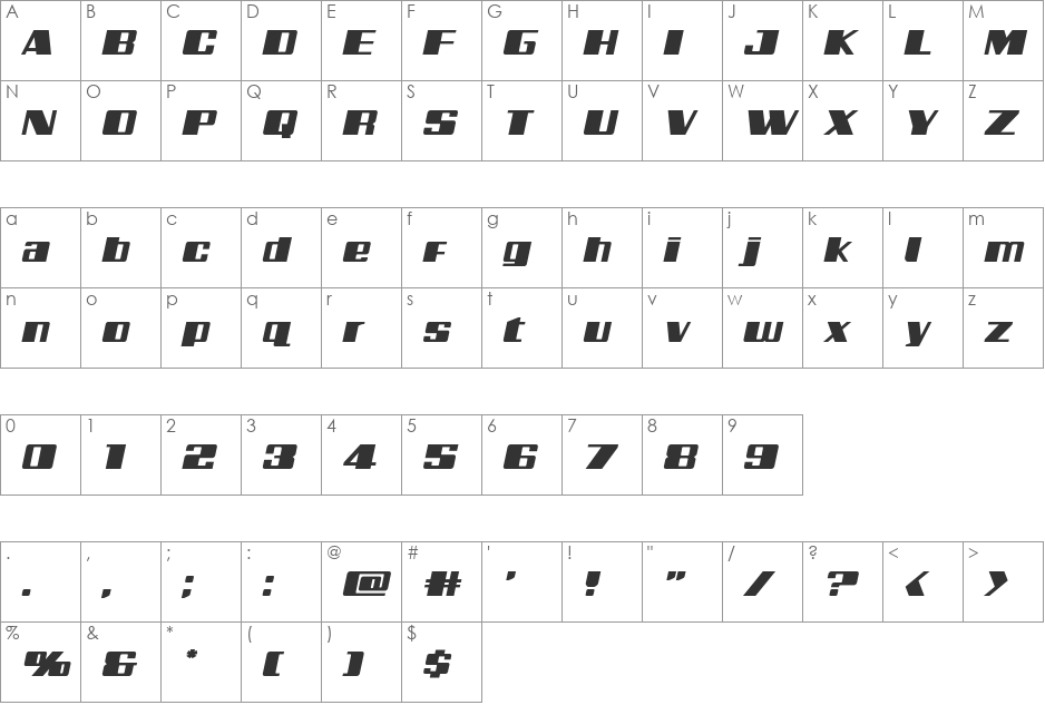 Galactic Storm Expanded Italic font character map preview