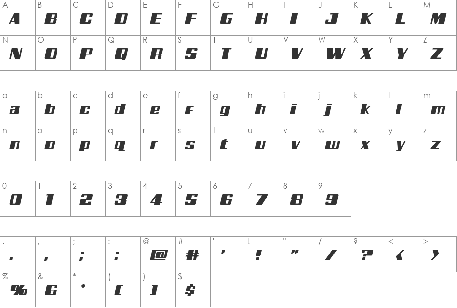Galactic Storm Italic font character map preview