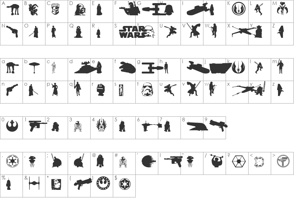 Galaxy Far Far Away font character map preview