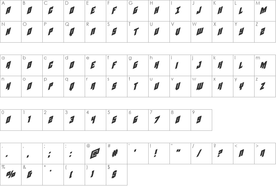 Galaxy Force Expanded Italic font character map preview