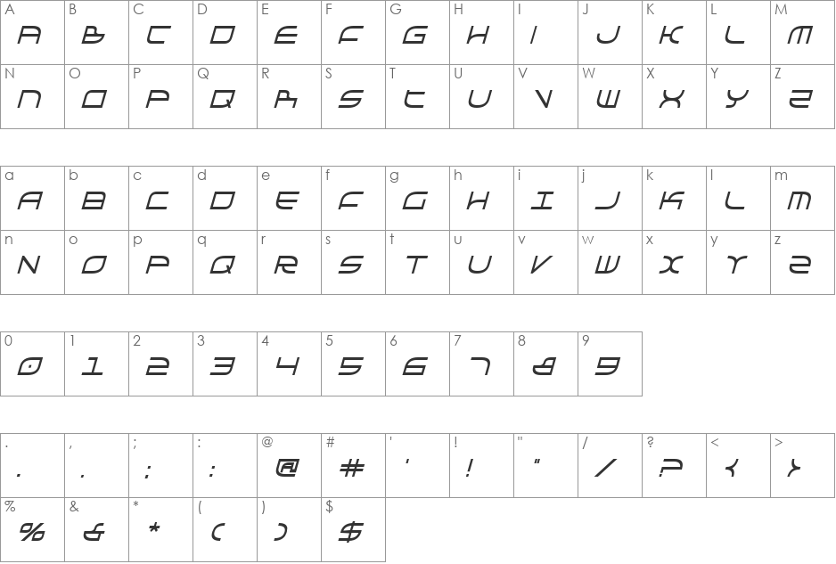Galga Bold Condensed Italic font character map preview