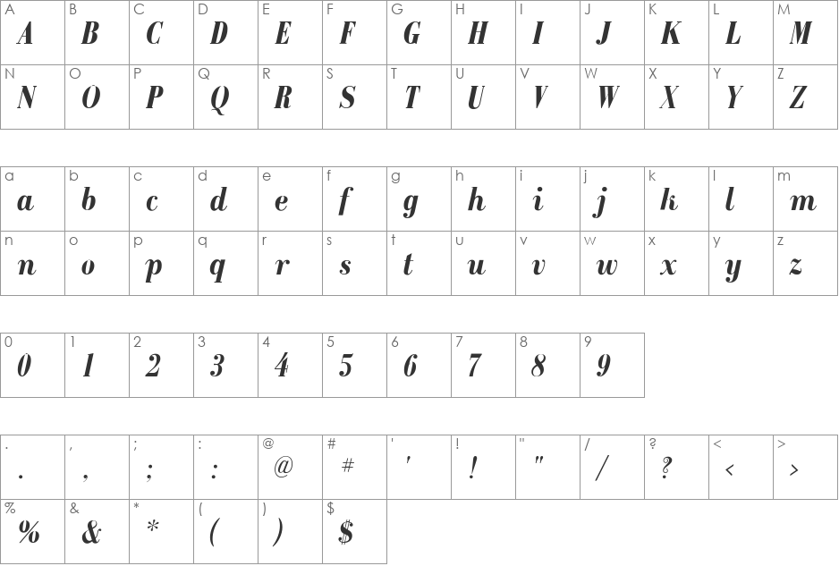 GalileoFLF font character map preview