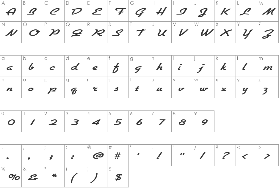 GallanteWide font character map preview